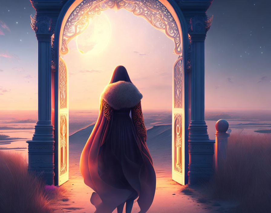 Cloaked Figure at Ornate Gate Under Glowing Moon