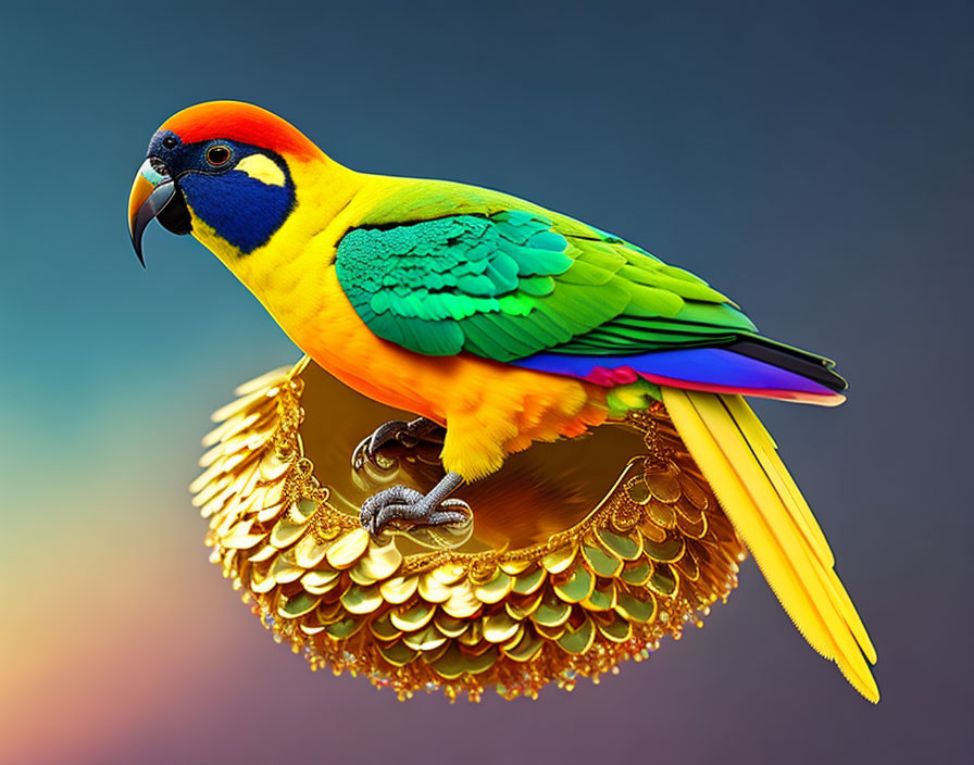 Colorful Rainbow Parrot Perched on Golden Ornate Structure