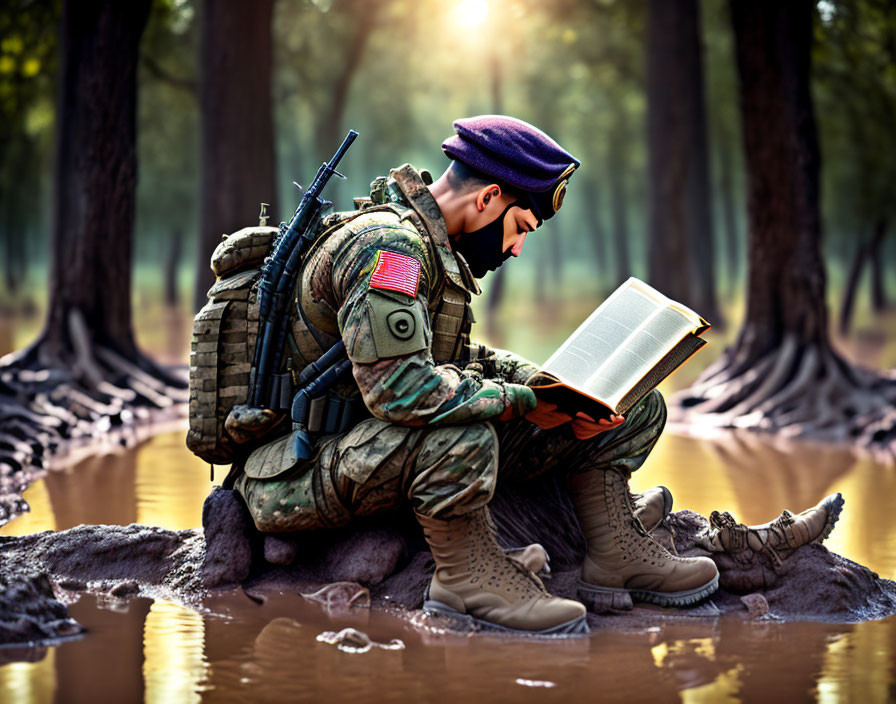 Soldier in camouflage uniform reading book in tranquil wooded setting