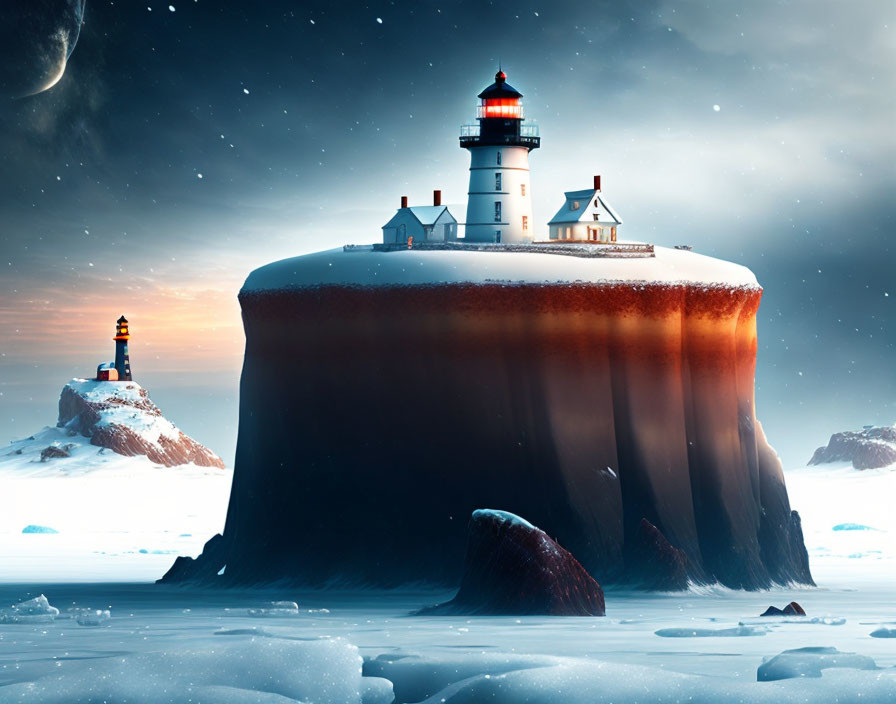 Surreal lighthouse on floating cake-like landmass in frozen sea