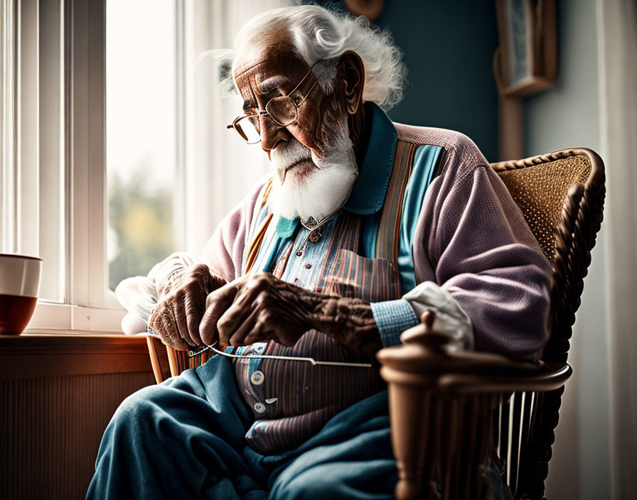 Elderly Man Knitting by Window with White Beard