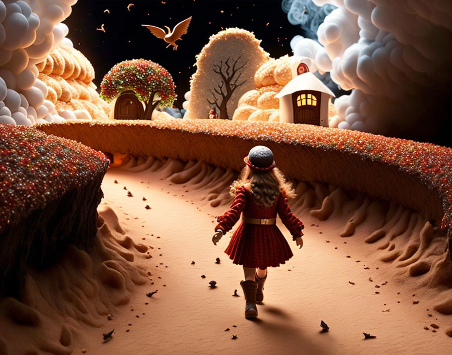 Child in Red Coat Walking on Candy-Lined Path to Cupcake House