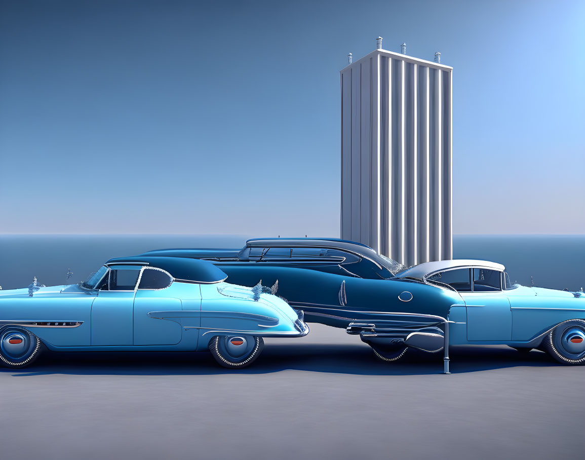 Vintage Blue Cars with White-Wall Tires in Front of Plain Building