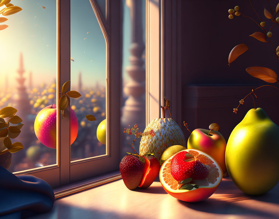 Sunlit Interior Scene: Assorted Fruits with Fantasy Landscape View