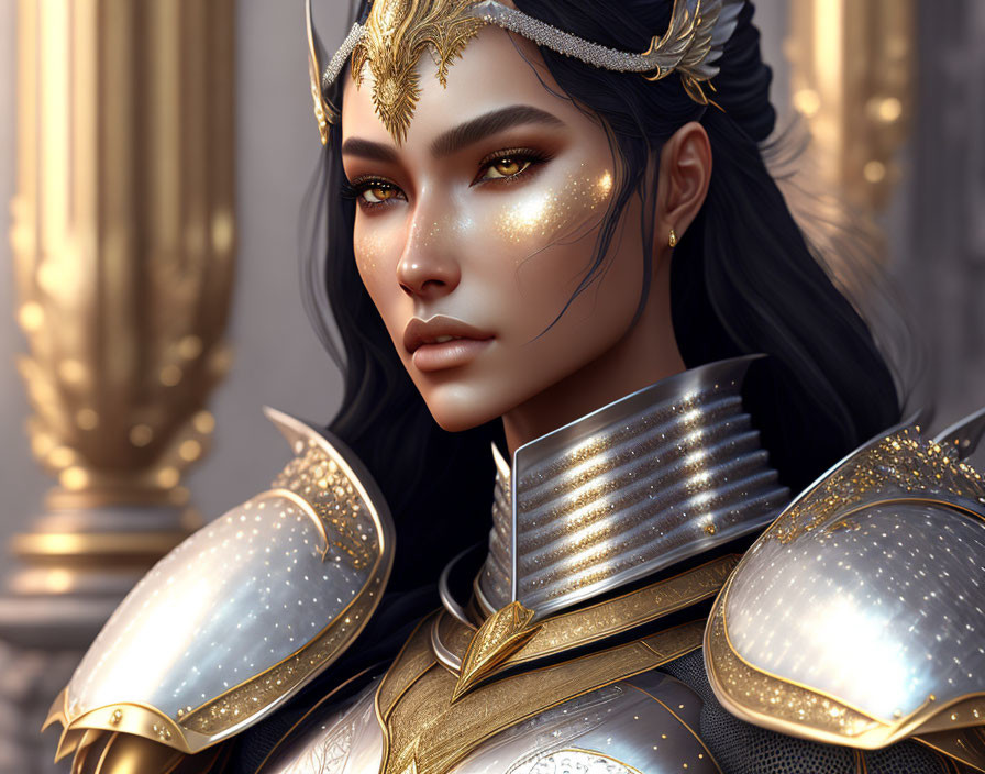 Digital illustration of a woman in ornate gold and silver armor with metallic face paint