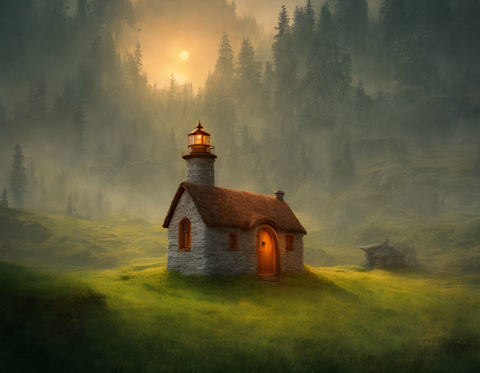 Stone cottage with lighthouse tower in foggy forest clearing