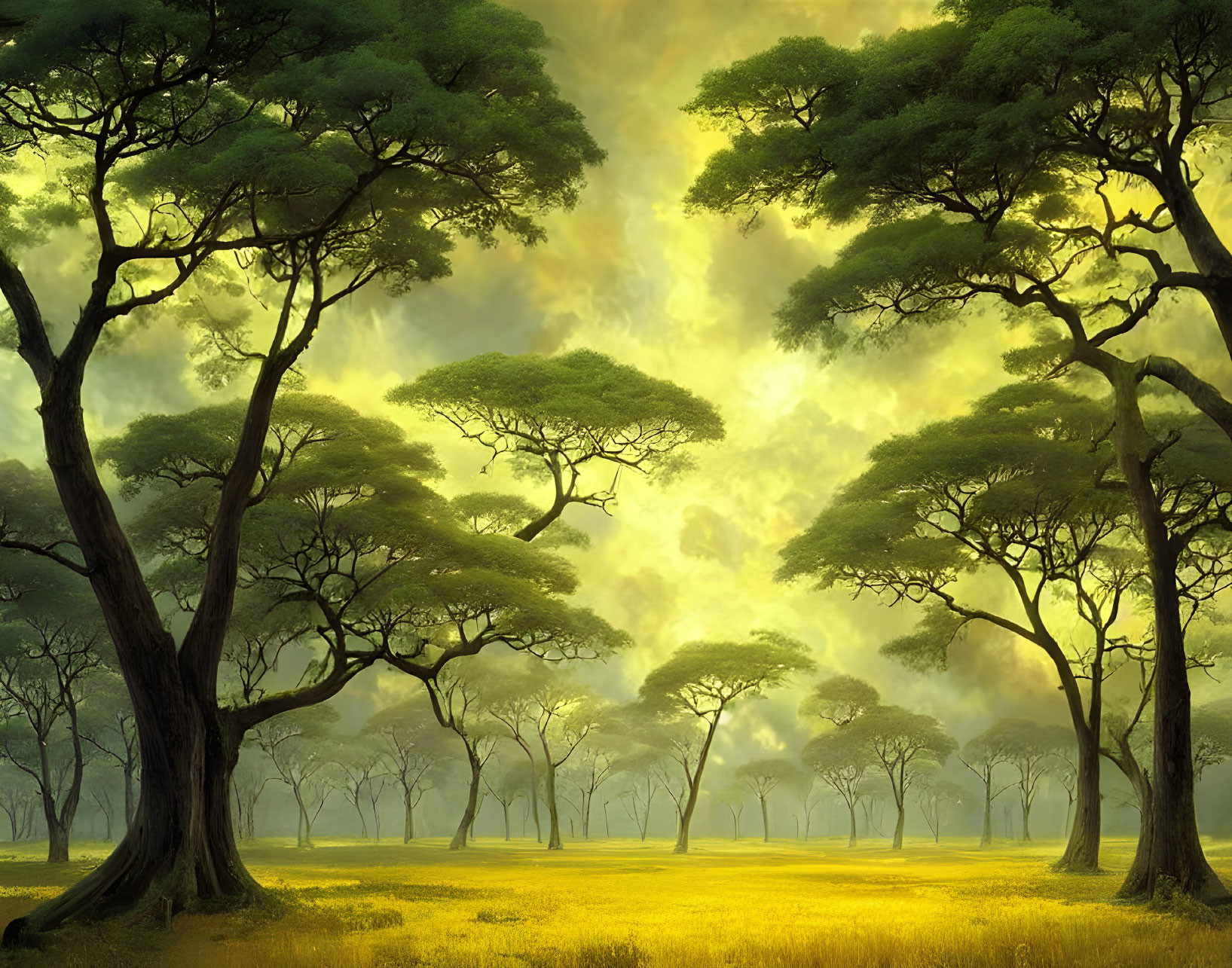 Tranquil forest scene with tall trees, sunlit grass, and glowing sky