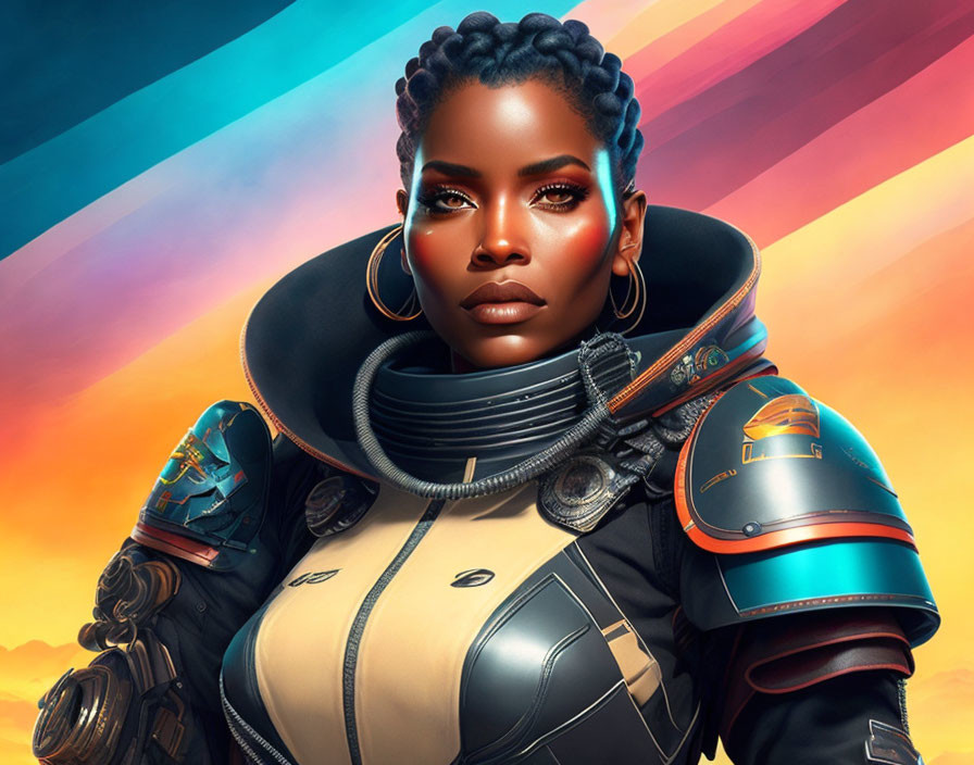 Futuristic portrait of woman in sci-fi space suit with braided hair