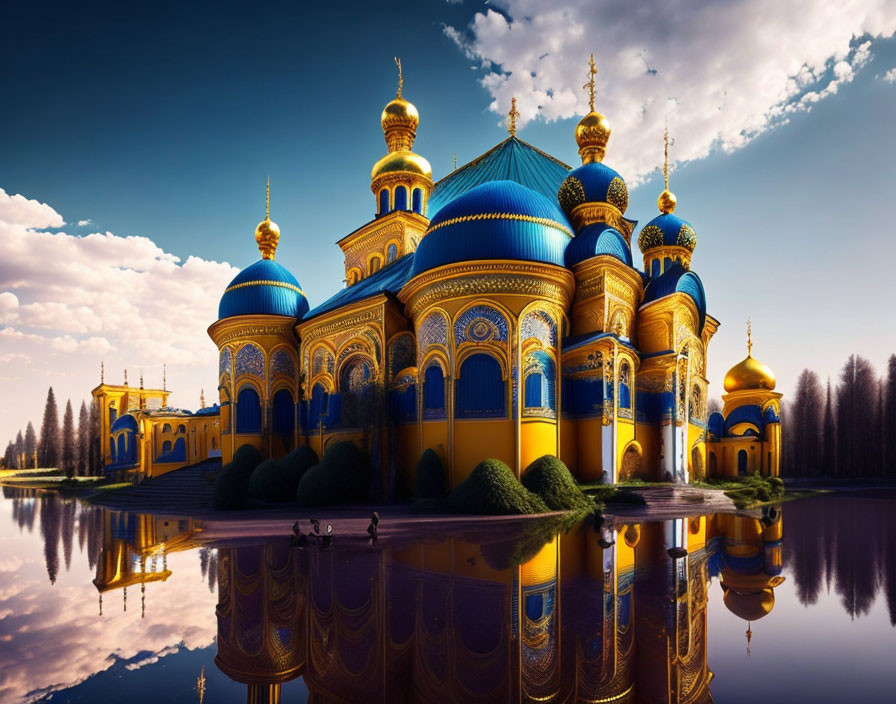 Blue and Gold-Domed Structure with Elaborate Designs Reflected on Water Surface