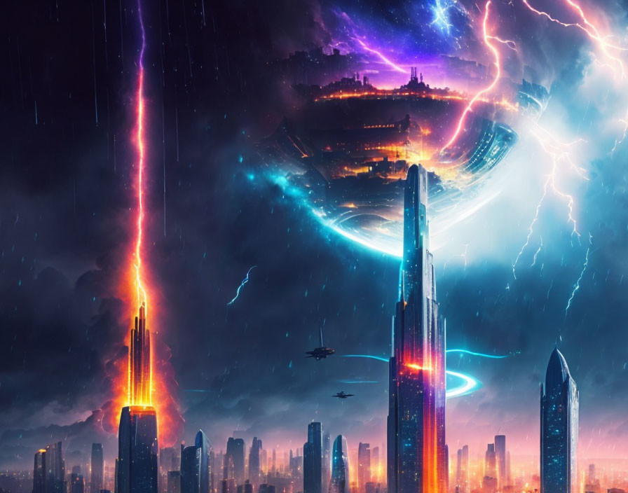 Futuristic cityscape with skyscrapers, lightning strikes, spaceship in dark blue and purple sky