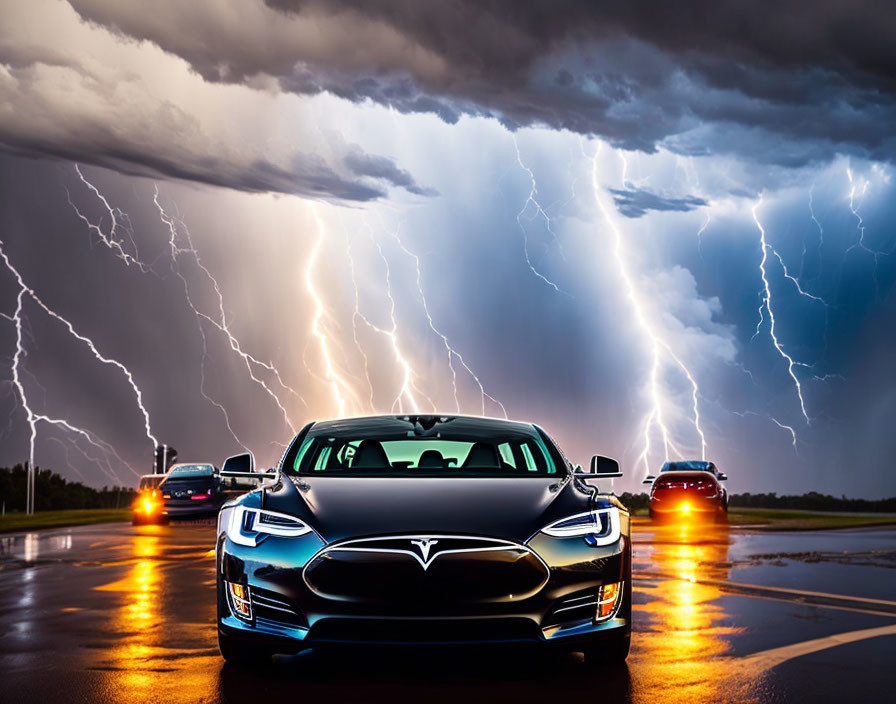 Blue Tesla Model S parked on wet road under stormy sky with lightning strikes