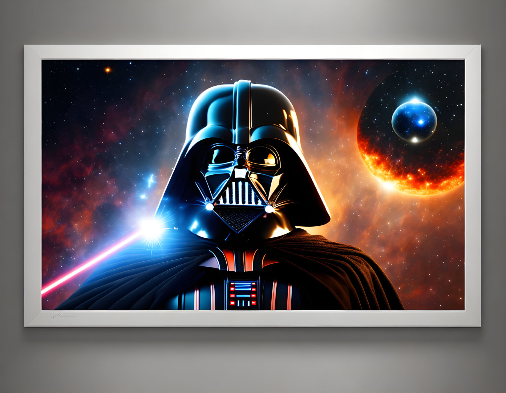 Framed Darth Vader poster with lightsaber on cosmic backdrop