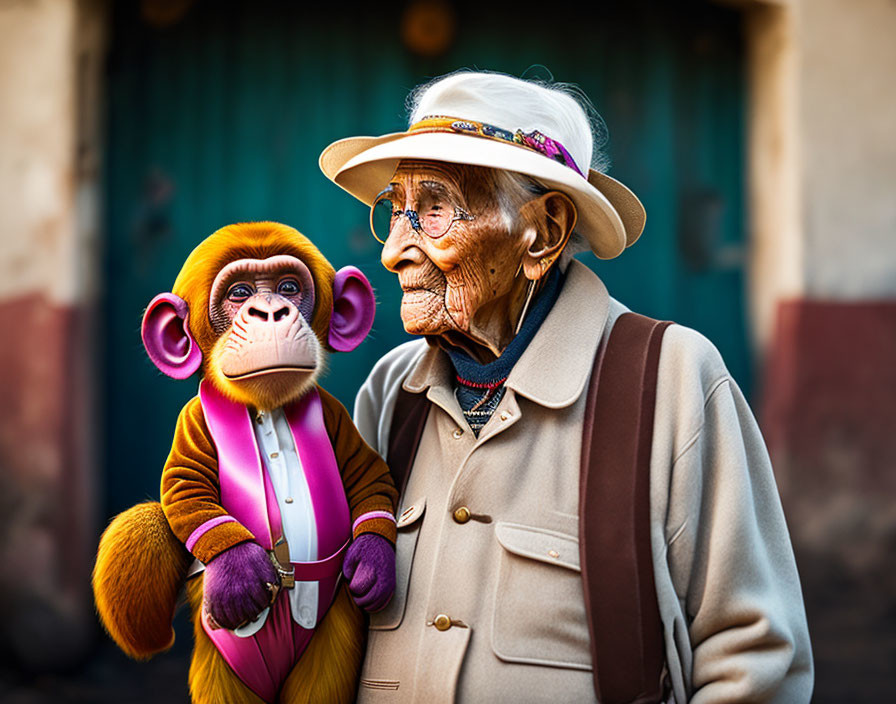 Elderly Person with Glasses and Traditional Hat Next to Colorful Monkey Figure