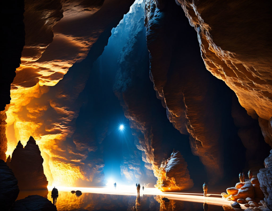 Explorers in vast cave with dramatic shadows