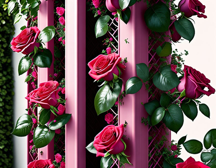 Pink Roses and Green Leaves on Latticed Trellis Against Dark Background