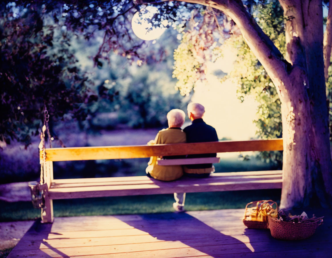 Couple on Wooden Swing in Garden at Dusk