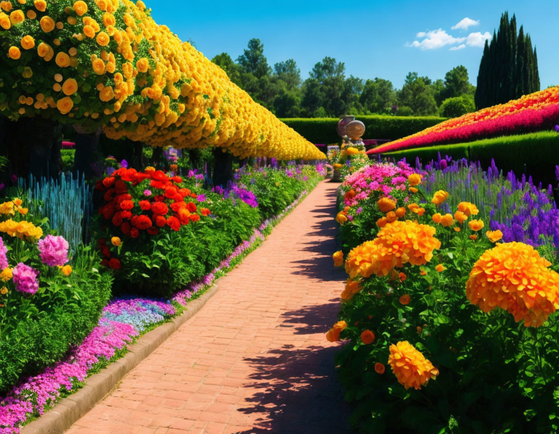 Colorful Blooming Flowers Along Lush Garden Path