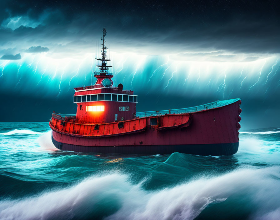 Red Ship Sailing Through Stormy Seas with Lightning Strikes