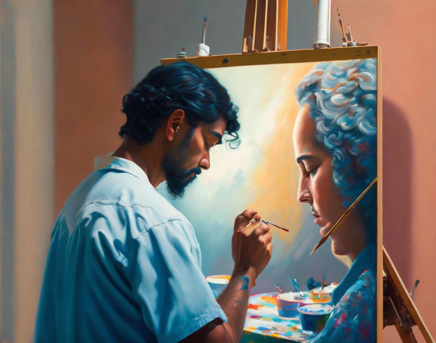 Painter in Blue Shirt Adding Details to Classical Portrait of Woman with Blue Curls