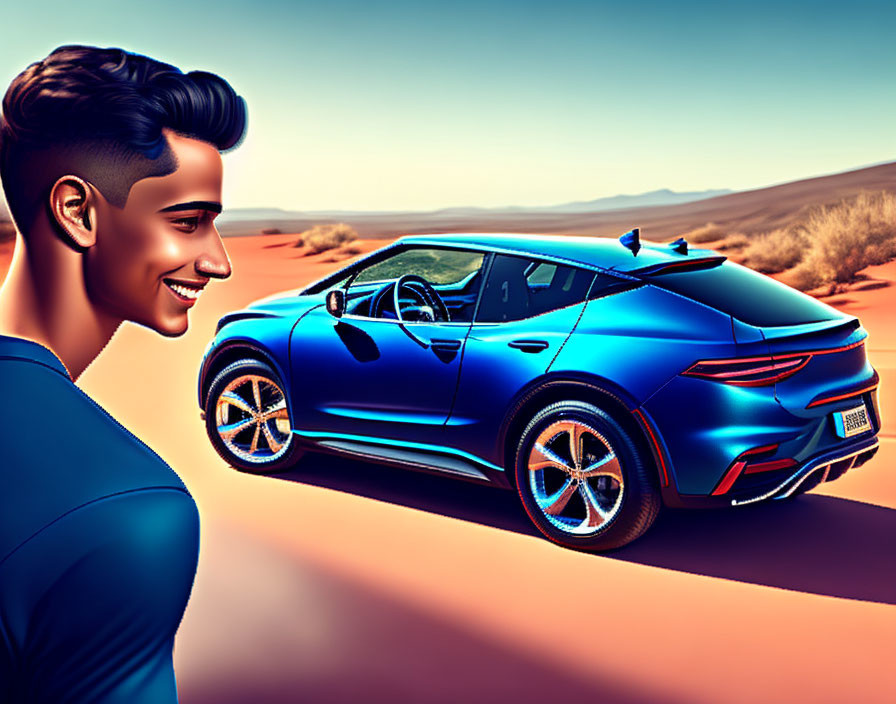 Smiling animated character admires blue futuristic sports car in desert