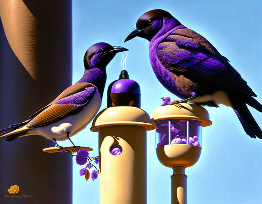 Stylized birds on bird feeder with purple plumage