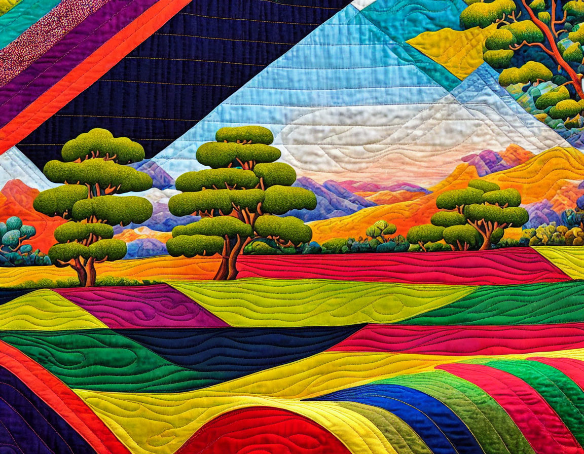 Colorful Quilt with Stitched Landscape and Vibrant Sky