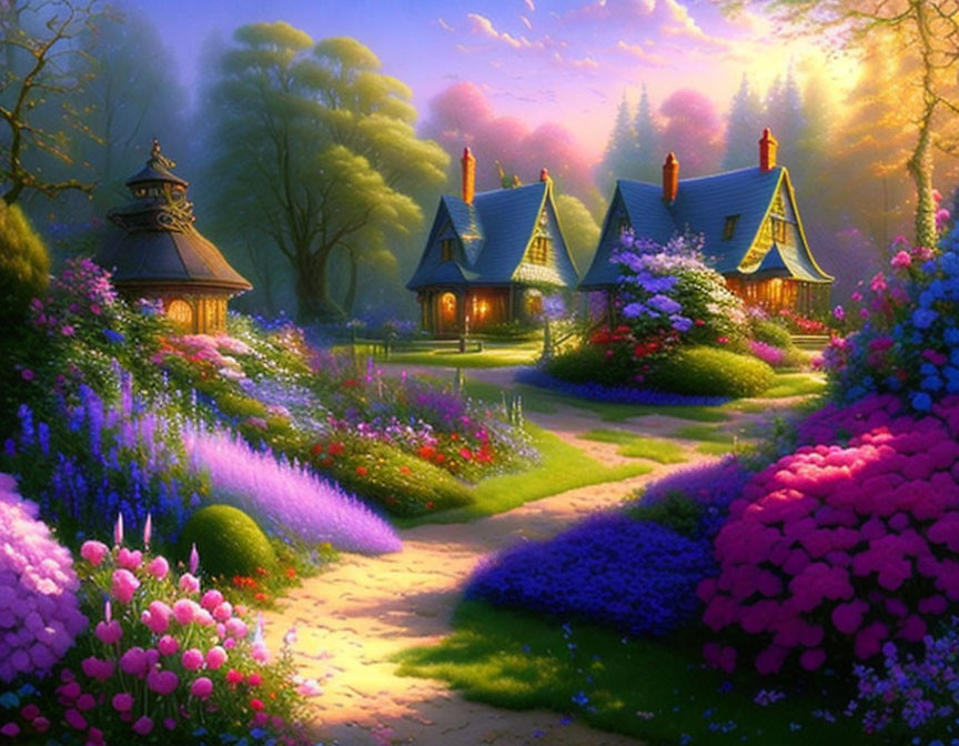 Enchanted forest with vibrant flowers, quaint cottages, and magical sunset