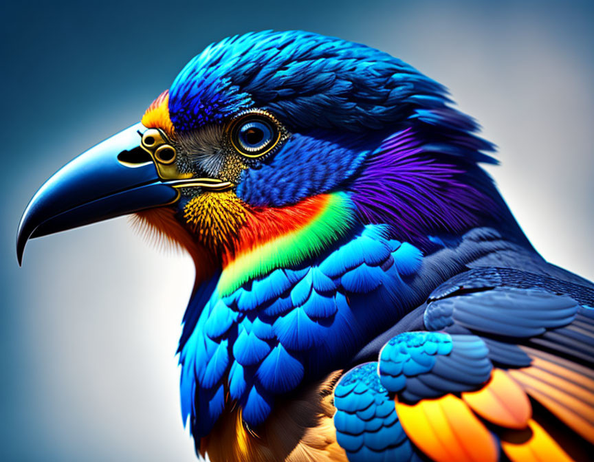 Colorful Bird Close-Up with Prominent Beak and Detailed Feathers