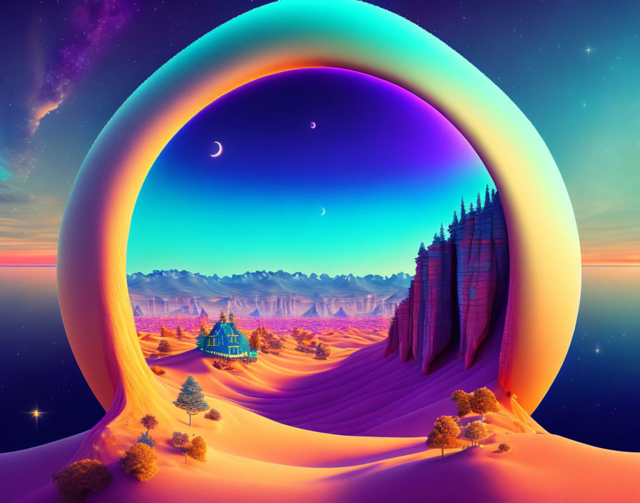 Surreal dusk landscape with glowing ring, desert house, cliffs, and multiple moons