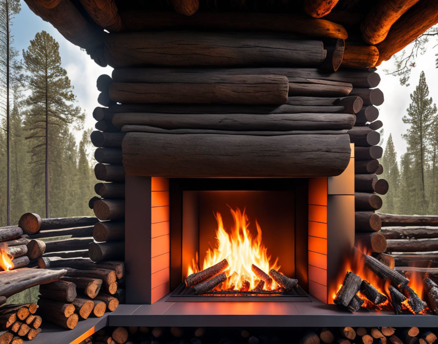 Traditional log cabin fireplace in modern setting with crackling flames and pine forest backdrop