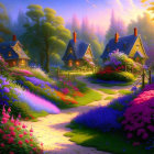 Enchanted forest with vibrant flowers, quaint cottages, and magical sunset