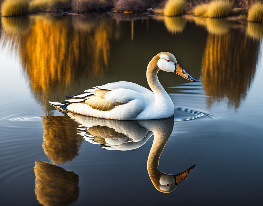 Swan reflecting in calm waters among golden reeds at dusk