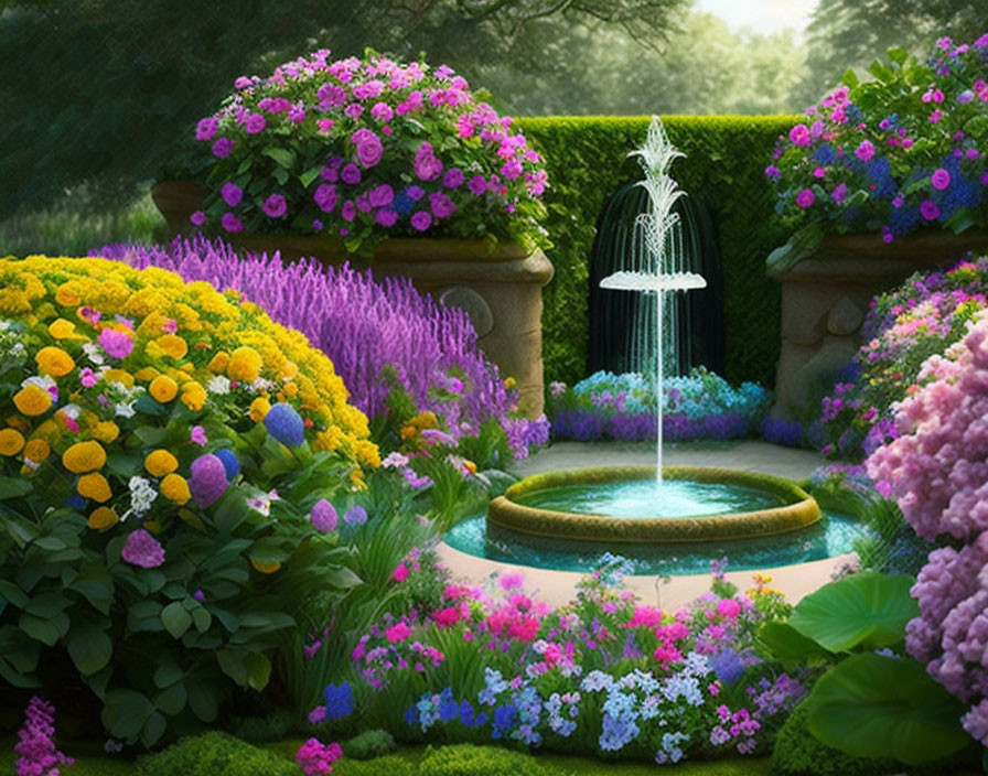 Tranquil garden scene with central water fountain and lush flowering shrubs