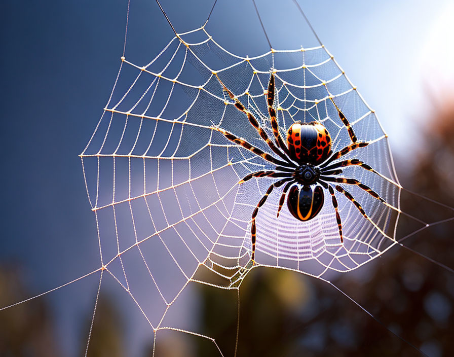 Vibrant orange and black spider on dew-covered web in nature with sunlight.