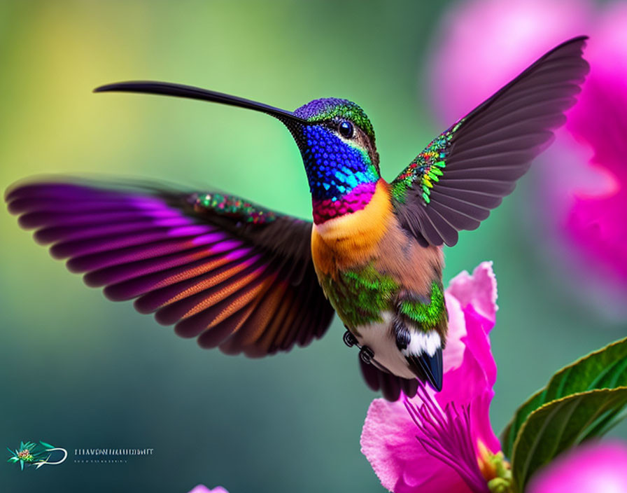 Colorful hummingbird near pink flowers in motion on green background