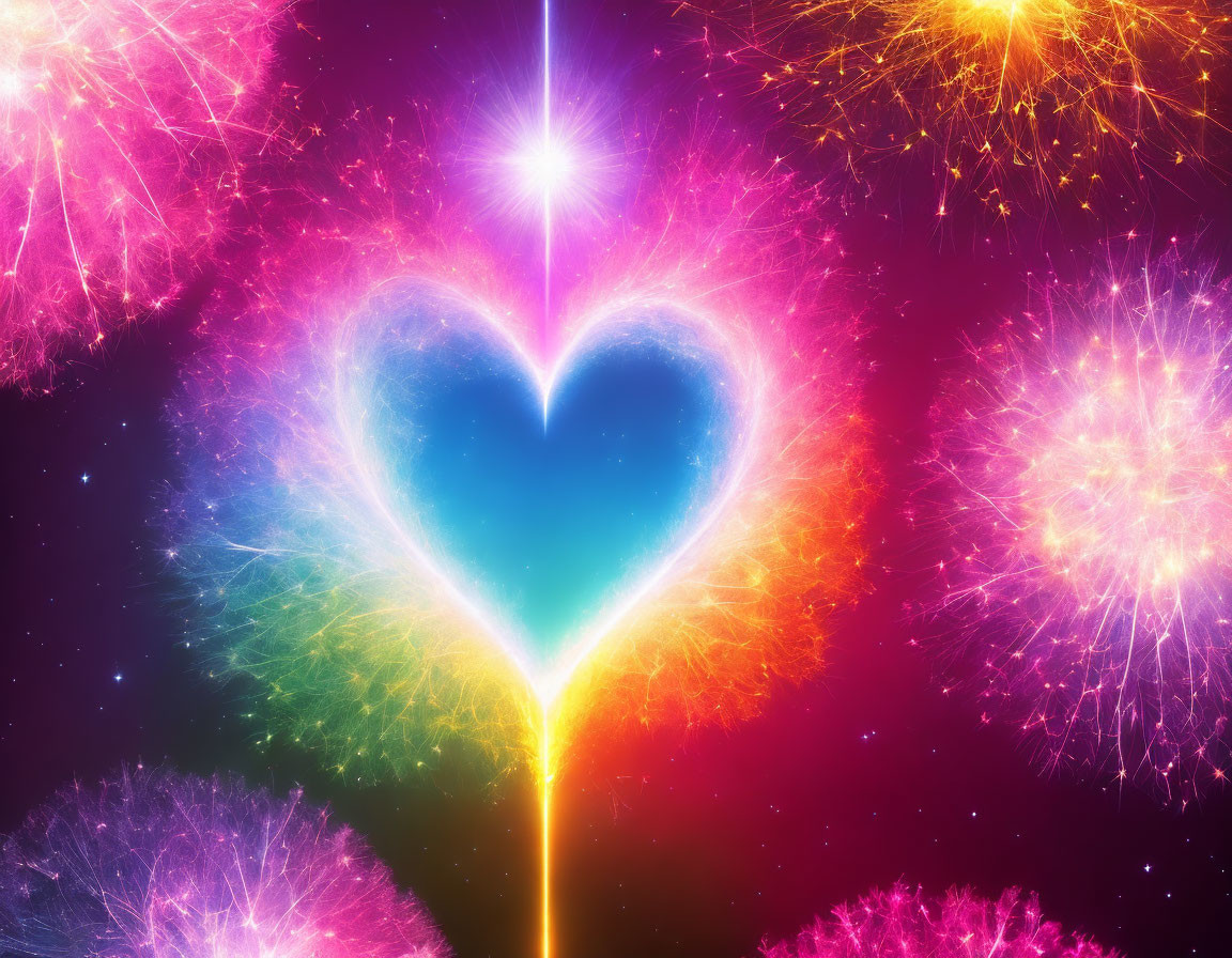 Colorful Digital Artwork: Glowing Heart with Fractals and Bright Light