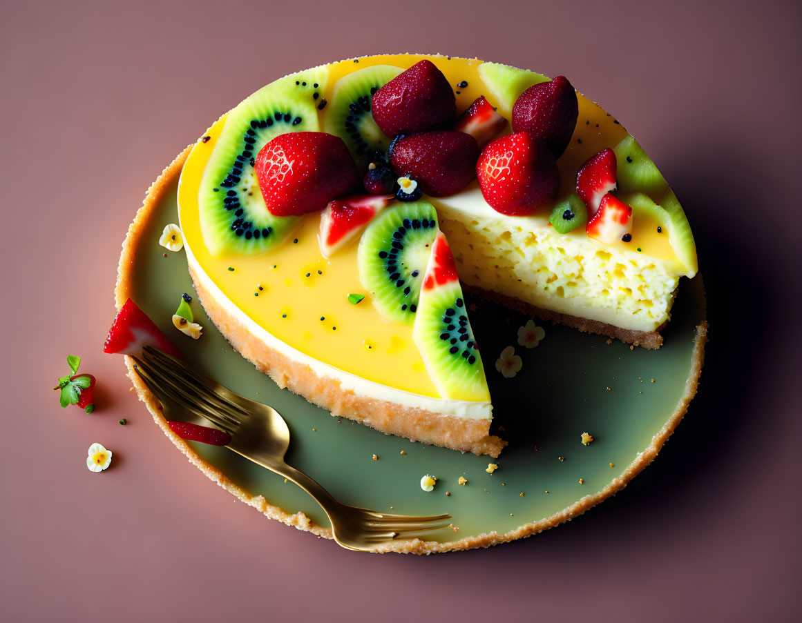 Colorful Fruit Cheesecake with Strawberries and Kiwi on Dark Plate