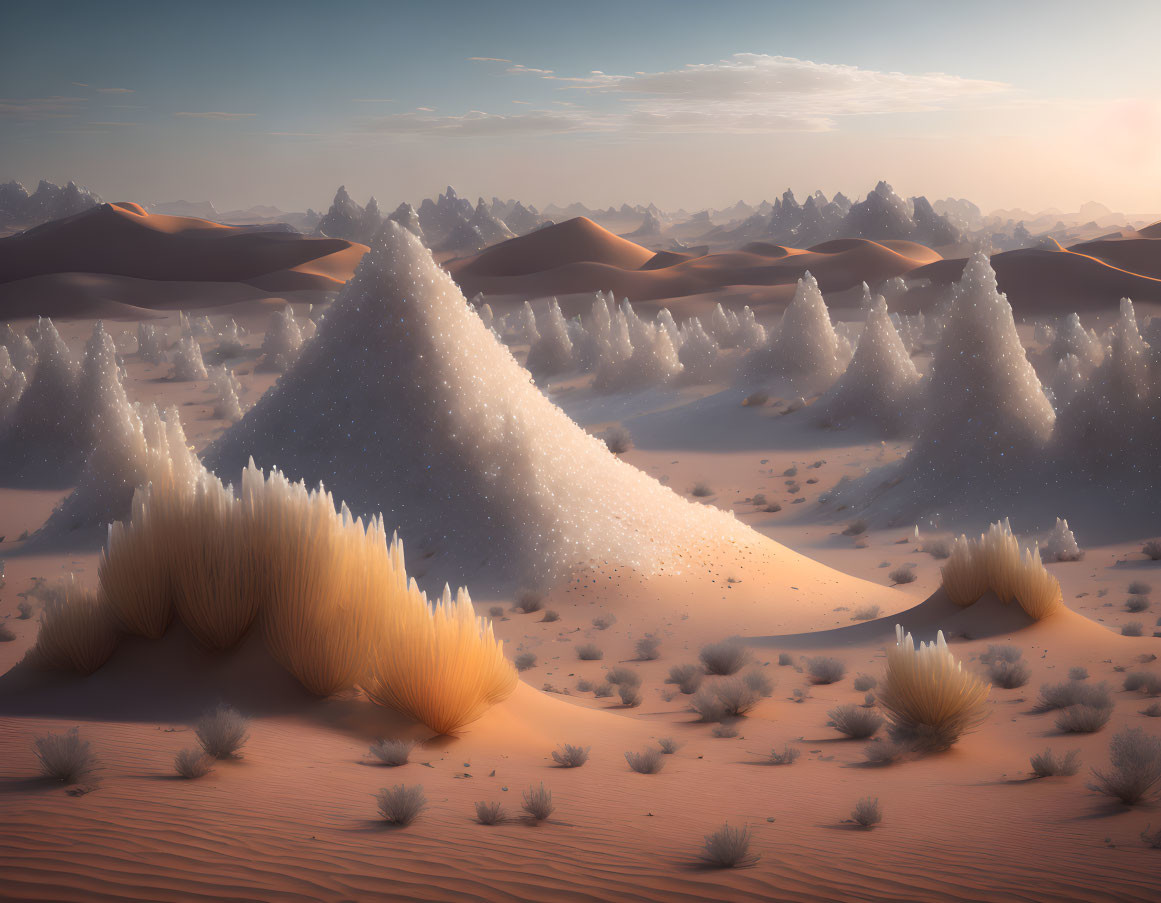 Surreal landscape with sand dunes, pyramid structures, and sparkling particles under a hazy sky