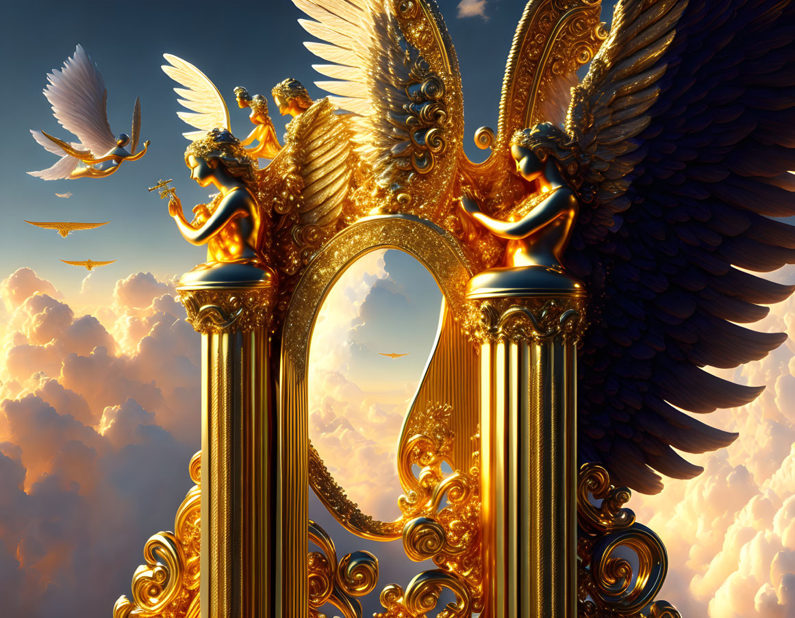 Golden harp with angelic figures and expansive wings in heavenly setting