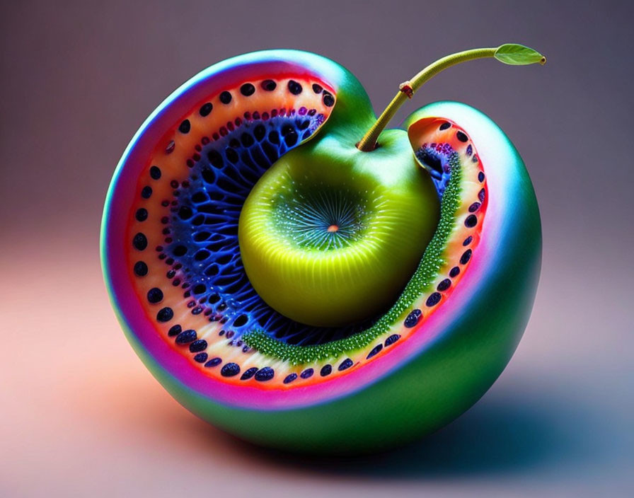 Surreal green apple with kiwi cross-section and blueberries.