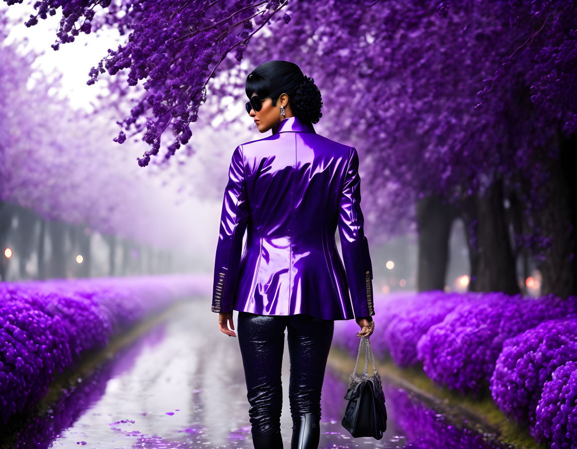 Fashionable woman in purple jacket strolling tree-lined path