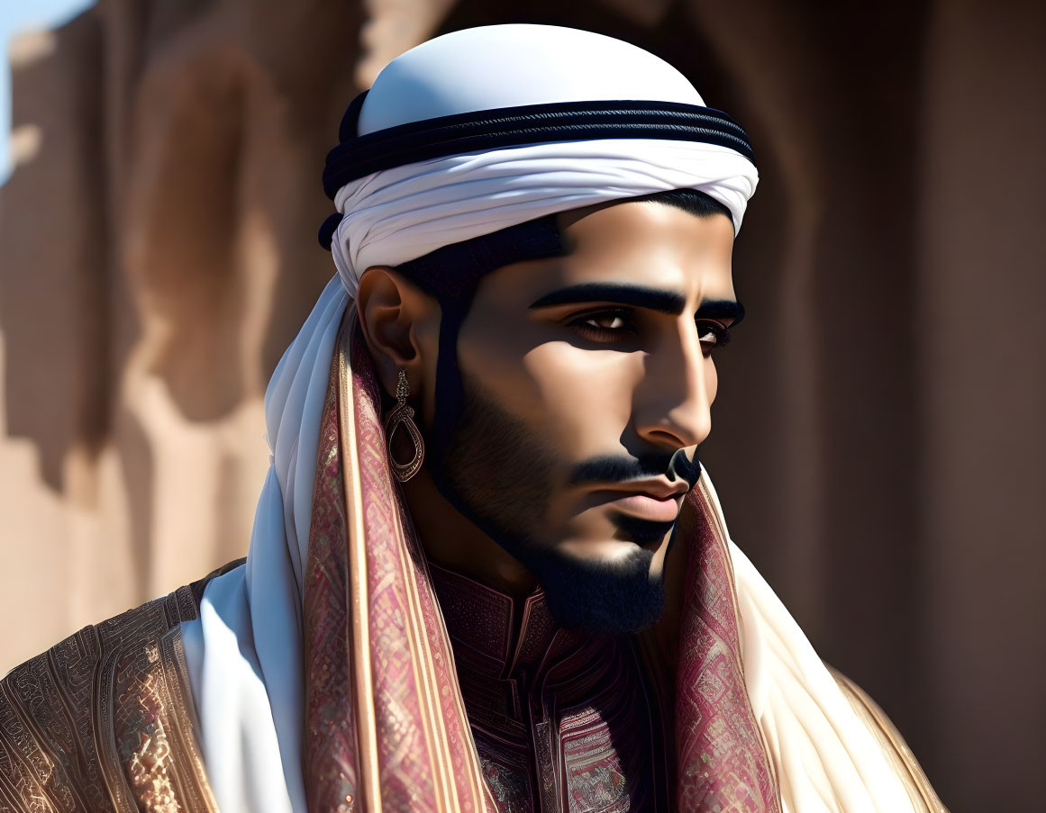 Portrait of a man in turban with earring and Middle Eastern attire