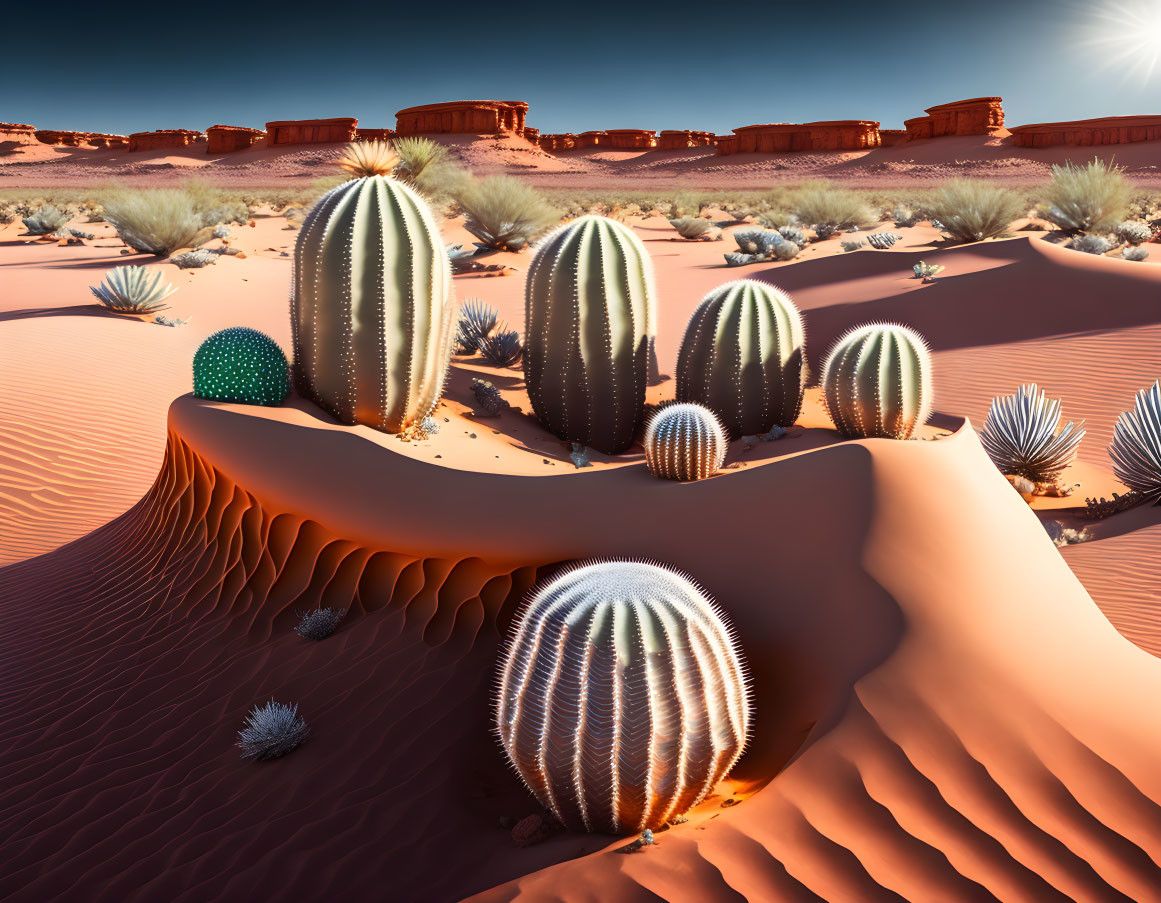 Desert landscape with cacti, sand dunes, and red rock formations