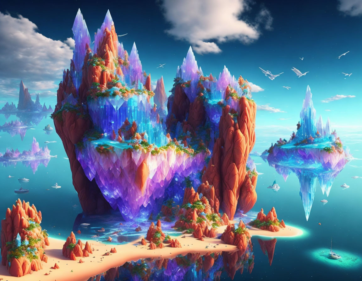 Floating Islands with Crystal Formations and Lush Greenery under Blue Sky