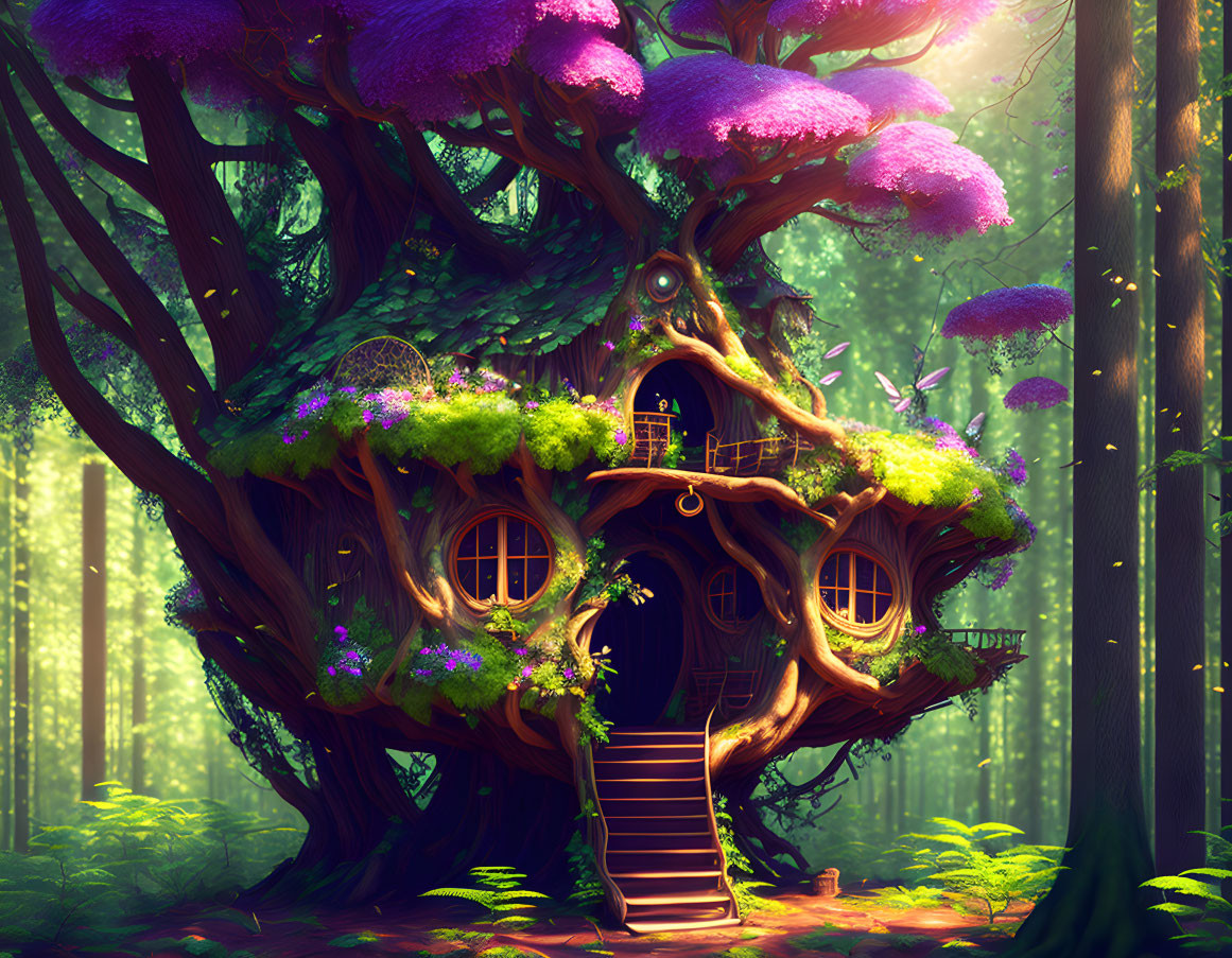 Purple Foliage Treehouse in Sunlit Forest