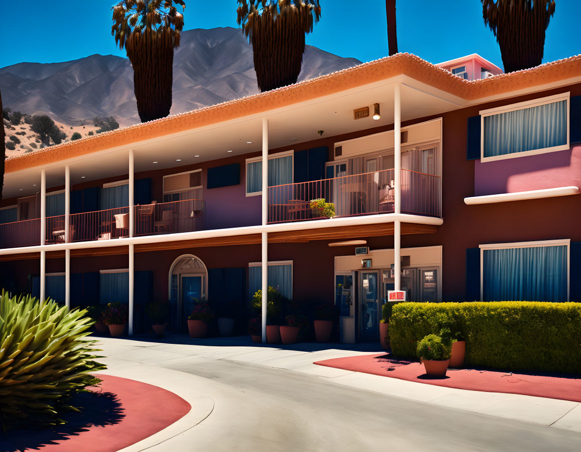 Colorful Two-Story Motel with Palm Trees and Clear Blue Sky