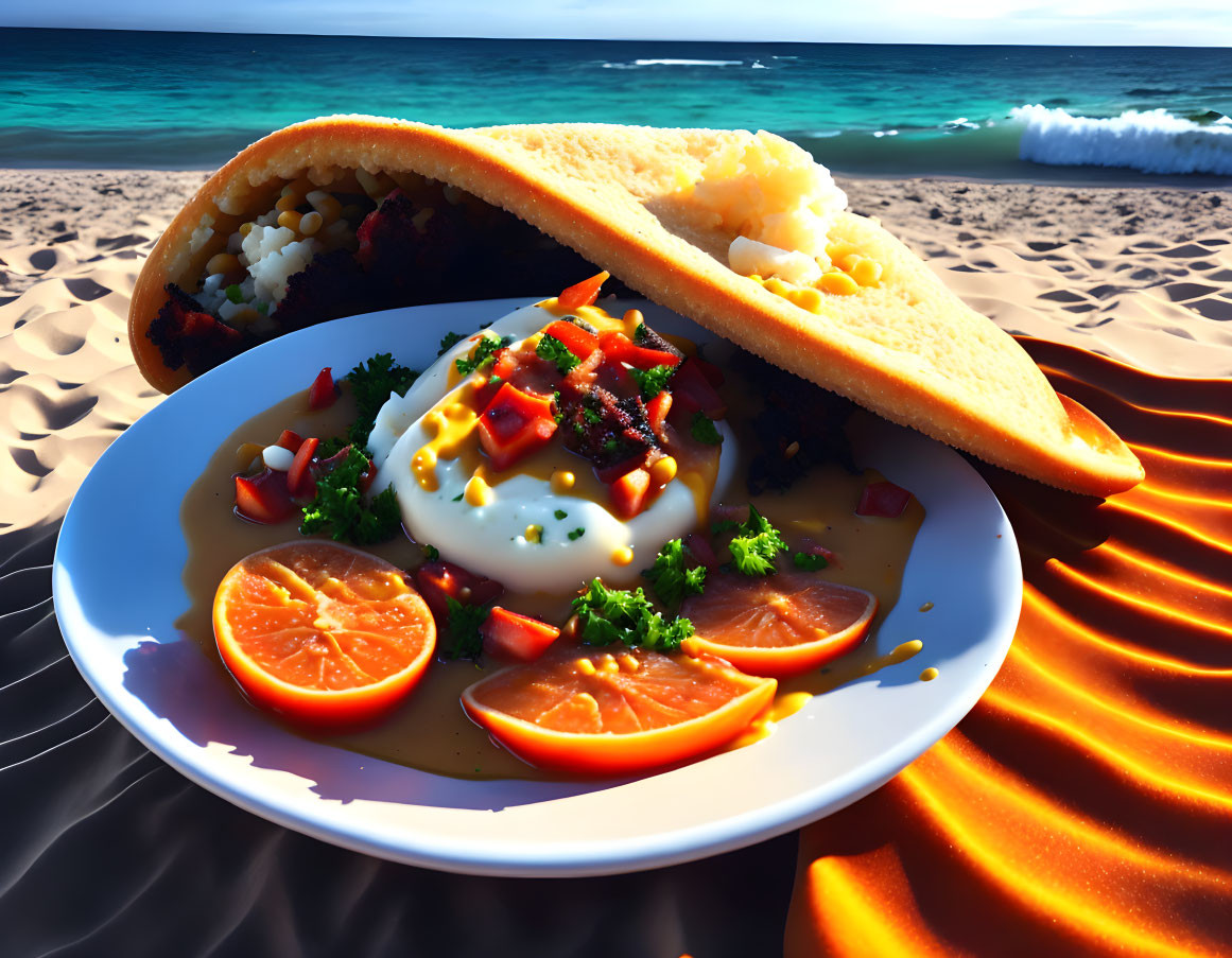 Giant Taco Beach Scene with Fried Egg and Fresh Ingredients