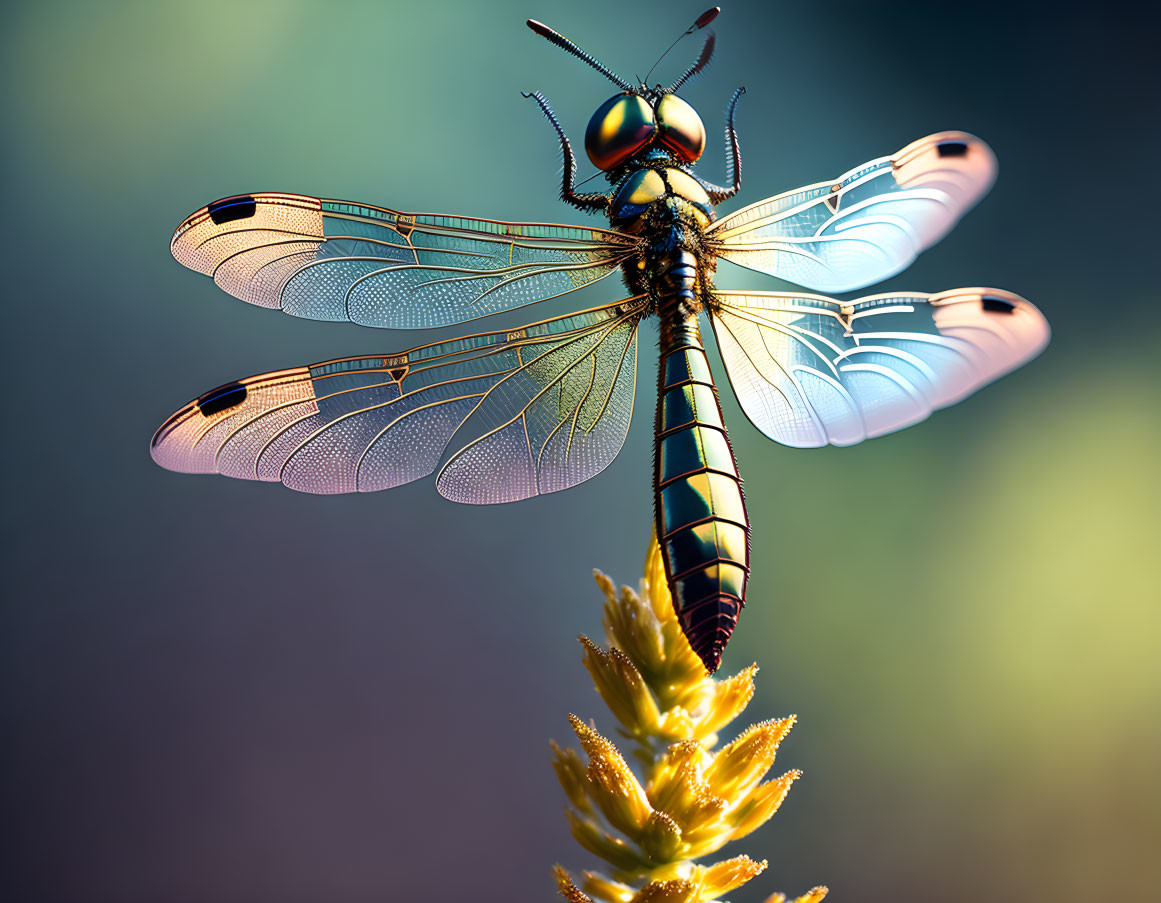 Detailed Close-Up of Dragonfly on Plant with Translucent Wings