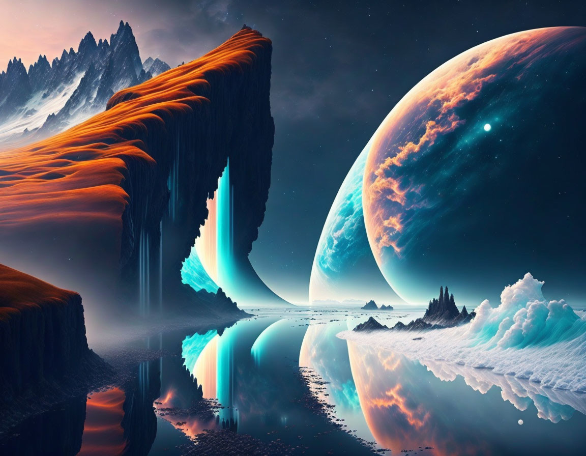 Surreal landscape with towering cliffs, reflective water, frothy waves, and gigantic planets.