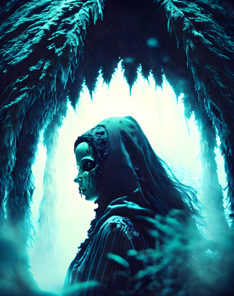 Hooded figure in icy cave with blue light and icicles